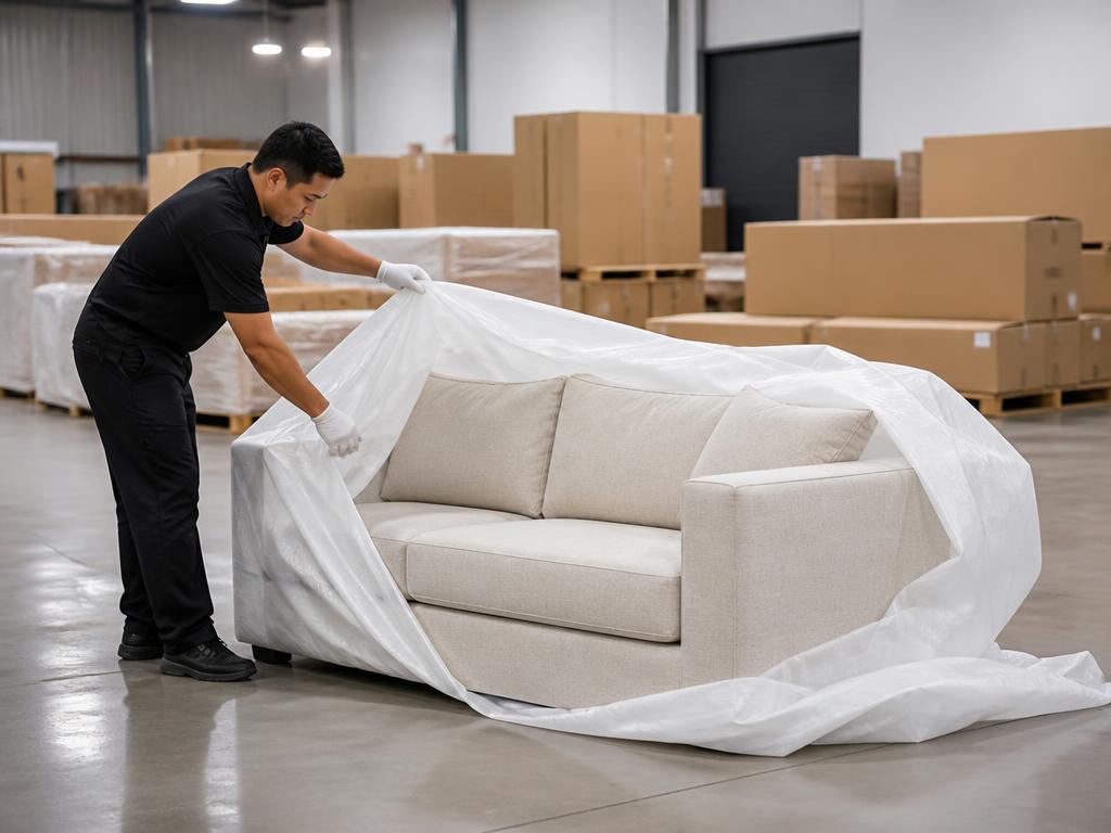 Gloved hands photographing a tufted armchair for condition reporting
