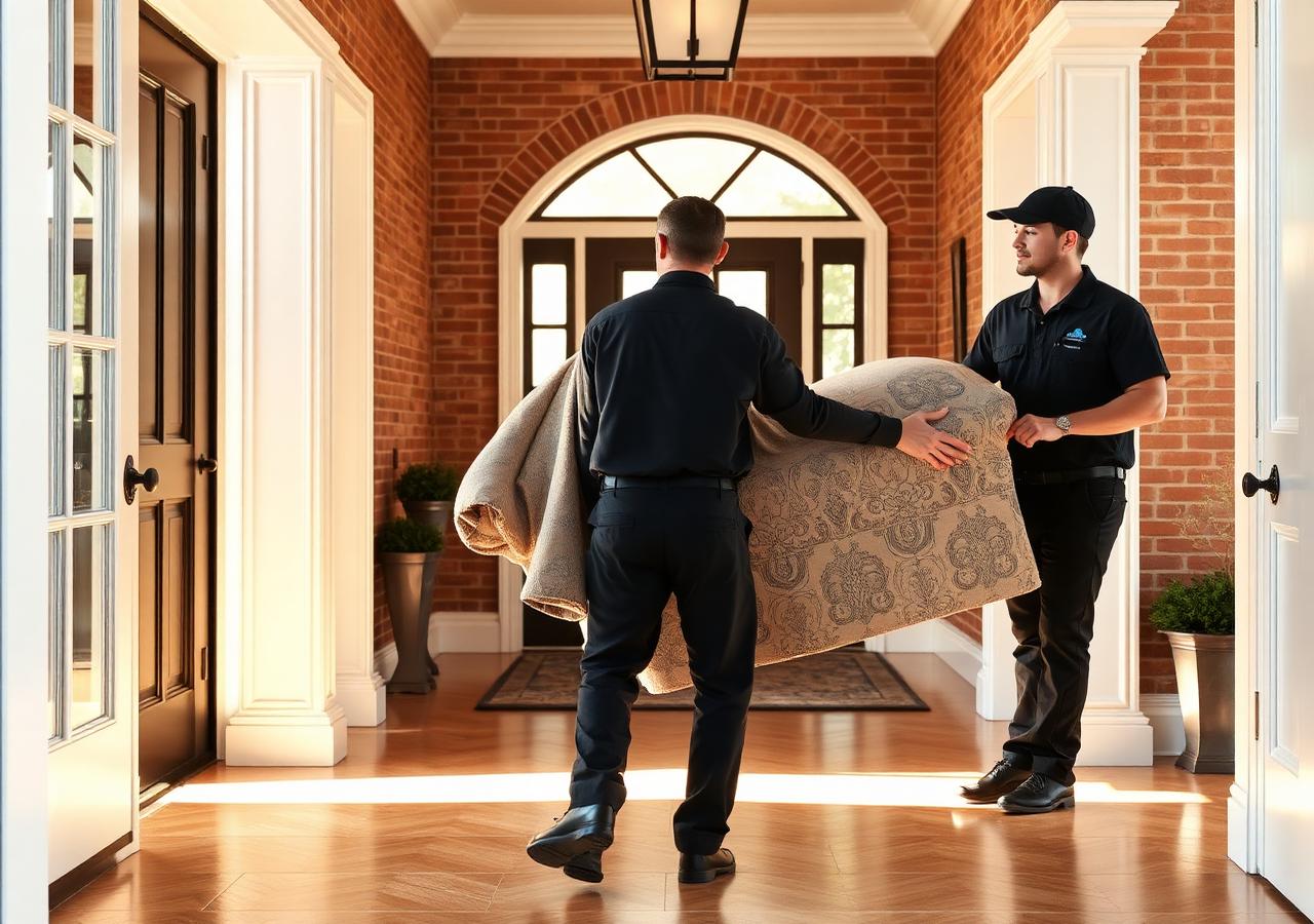 Two installers carrying a rolled rug through the front doors of a home