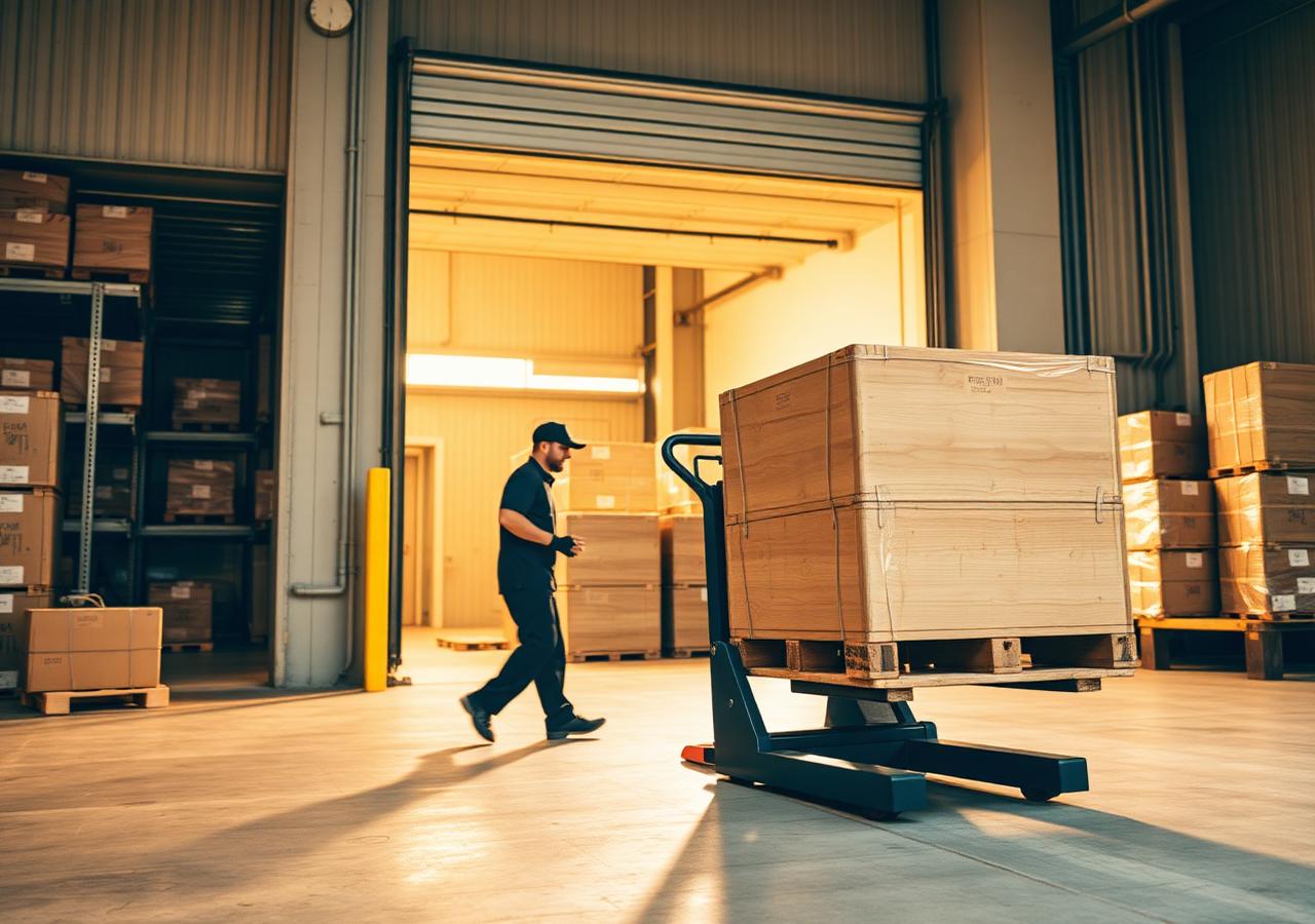 Warehouse team moving a large wooden crate on a pallet jack