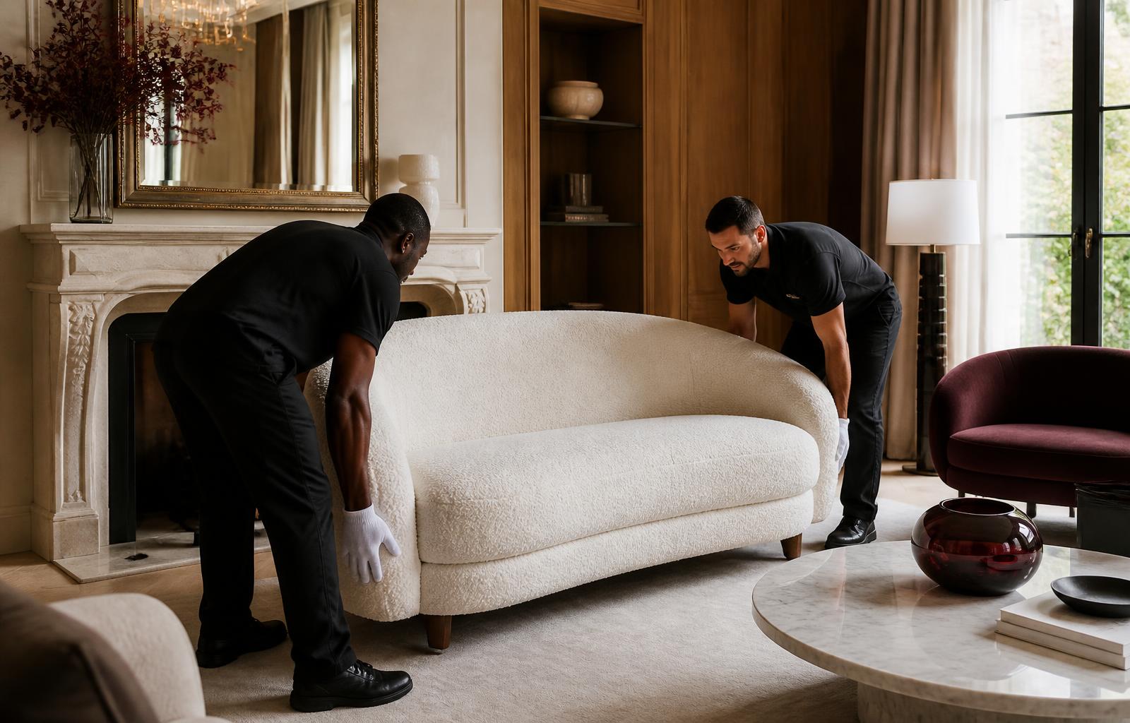 Two white-glove movers placing a cream bouclé sofa in a bright living room