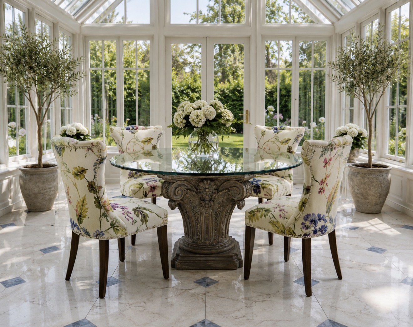 Glass conservatory dining room with floral upholstered chairs