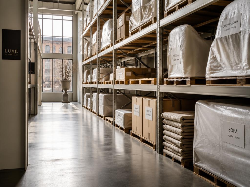 Designer furniture wrapped and organized in project bays inside the Luxe Knoxville receiving warehouse