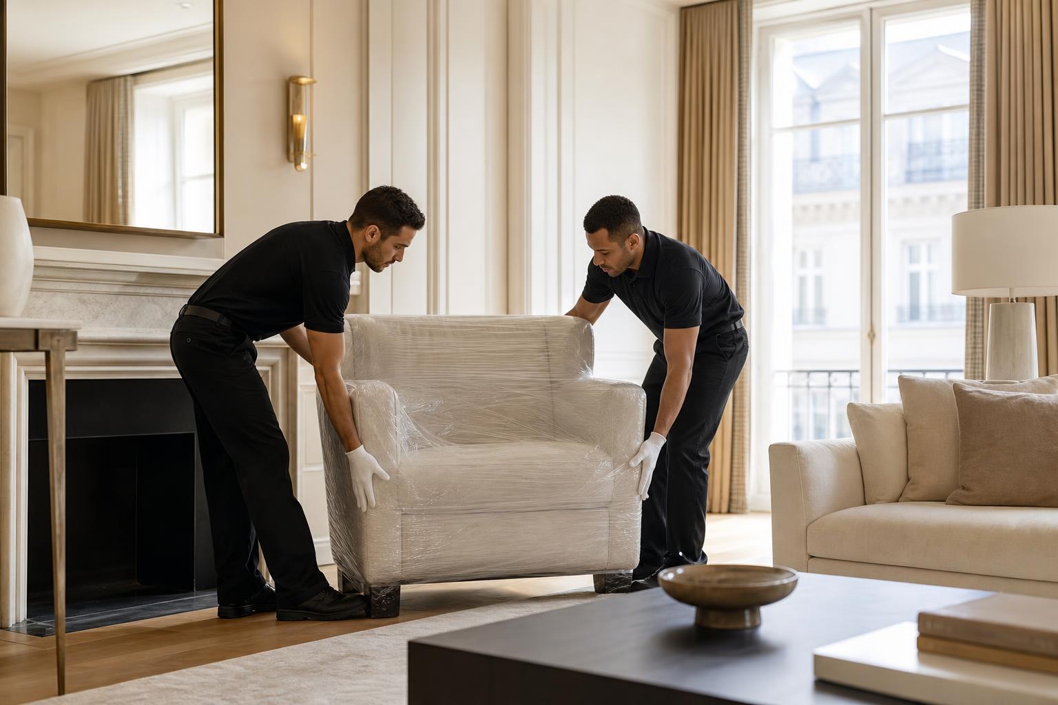 Luxe white-glove delivery crew carrying a protected furniture piece into a residence during installation